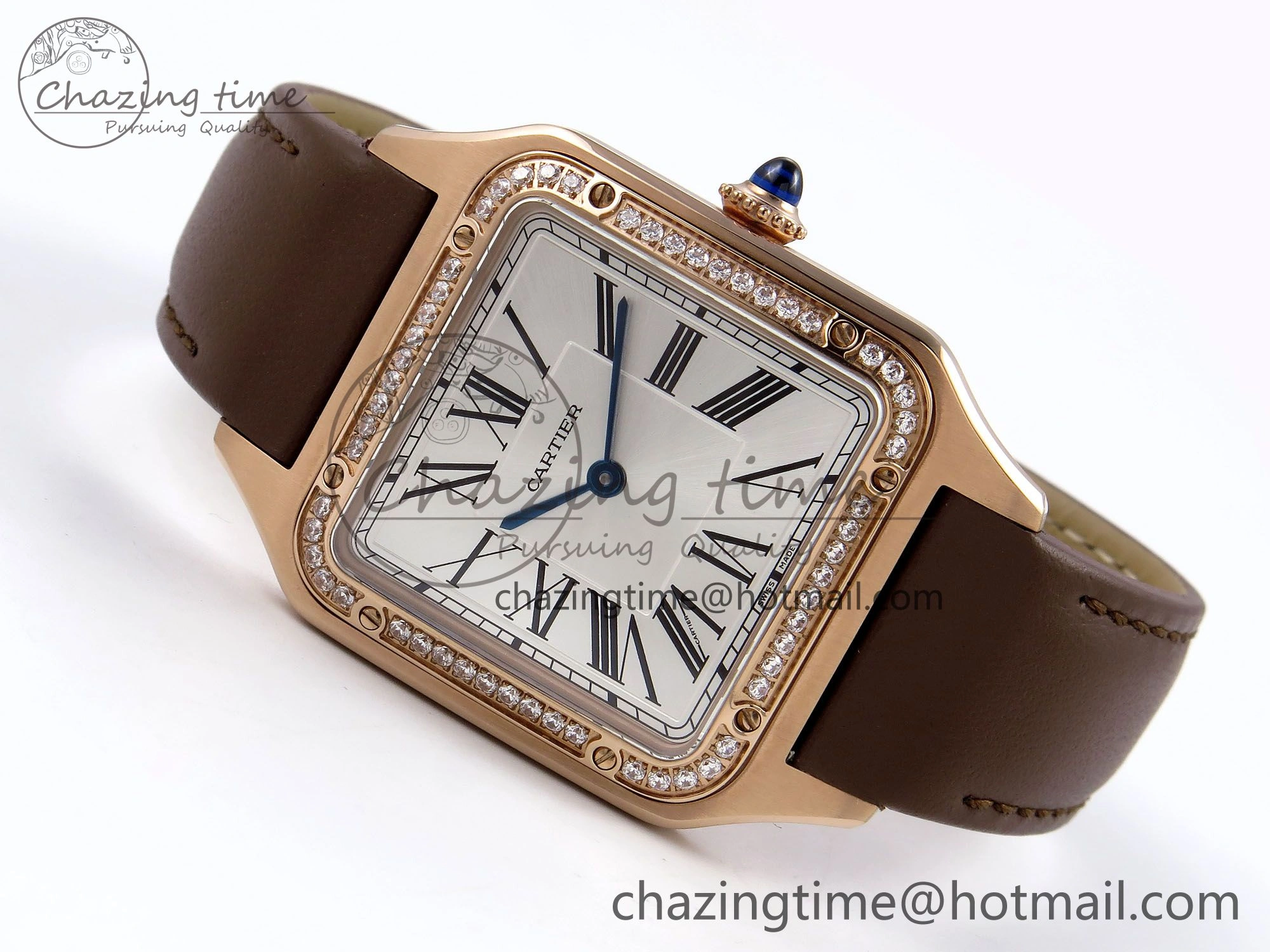 Santos Dumont 31.4mm RG AF 1:1 Best Edition Silver Dial Diamonds Bezel on Brown Leather Strap A Breathable 5923