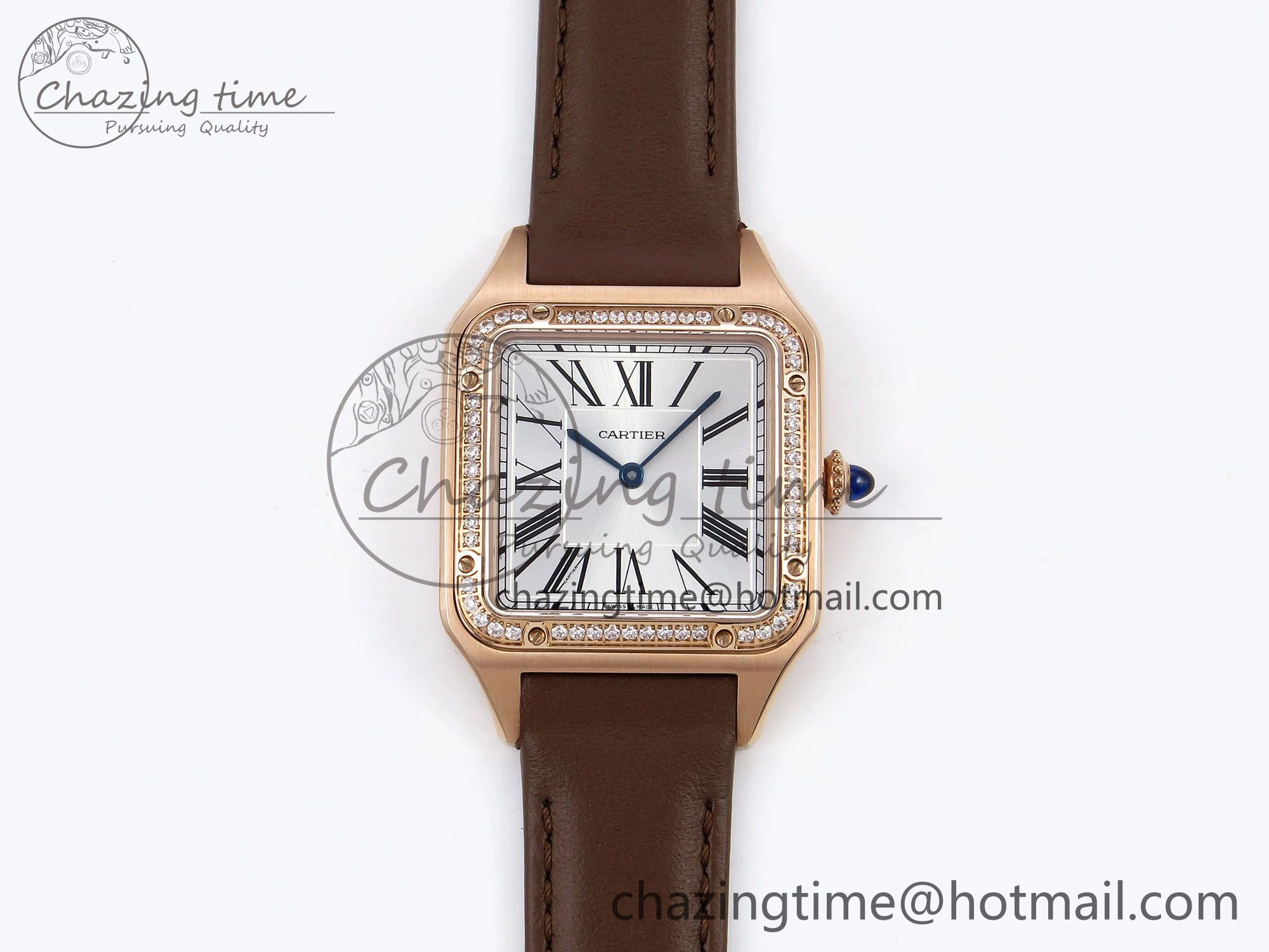 Santos Dumont 31.4mm RG AF 1:1 Best Edition Silver Dial Diamonds Bezel on Brown Leather Strap A Breathable 5923