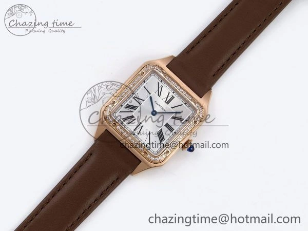 Santos Dumont 31.4mm RG AF 1:1 Best Edition Silver Dial Diamonds Bezel on Brown Leather Strap A Breathable 5923