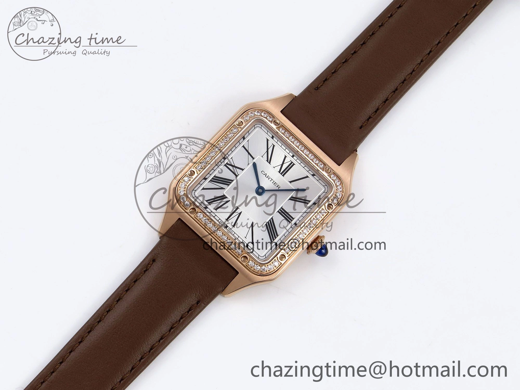 Santos Dumont 31.4mm RG AF 1:1 Best Edition Silver Dial Diamonds Bezel on Brown Leather Strap A Breathable 5923