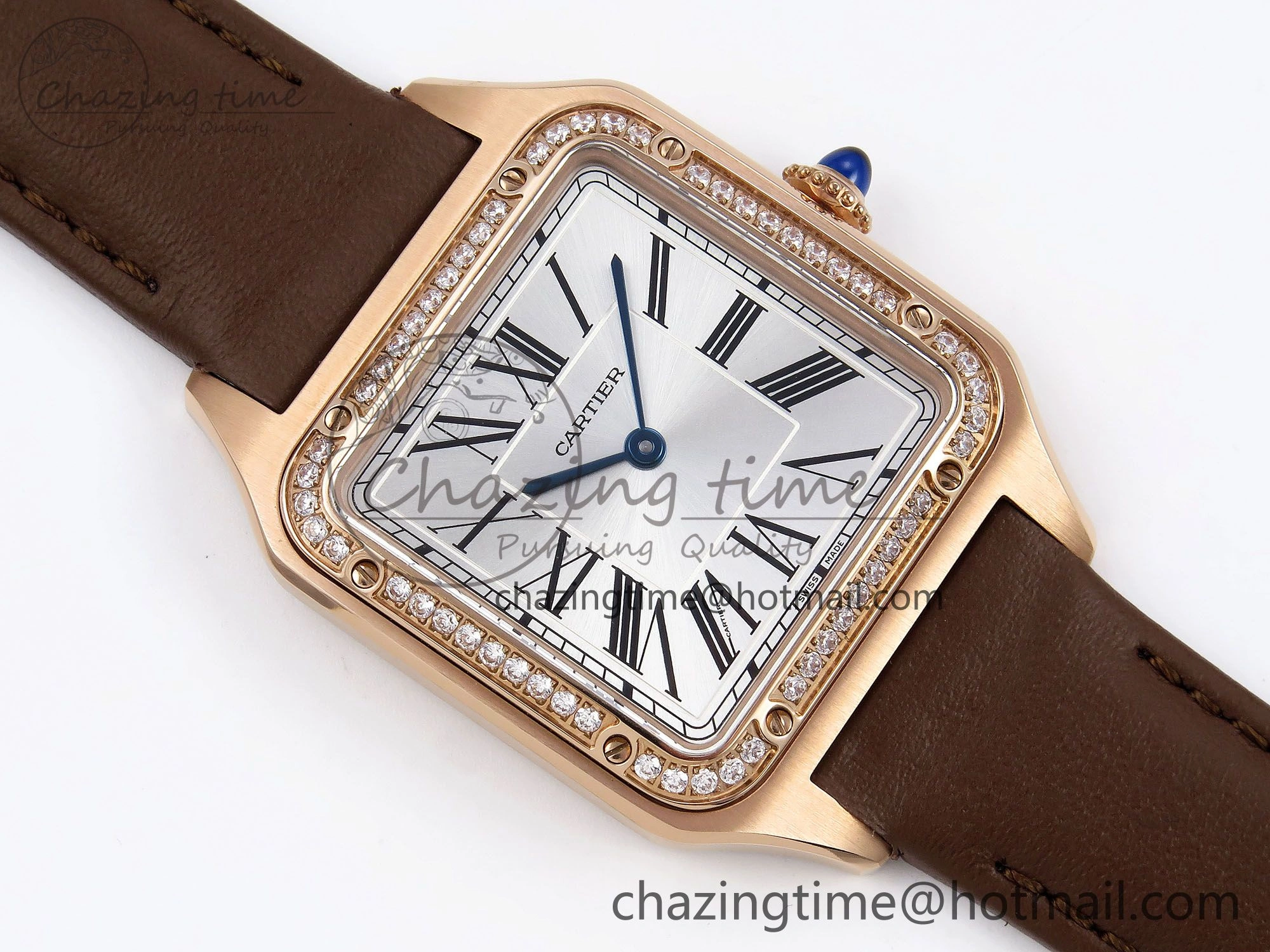 Santos Dumont 31.4mm RG AF 1:1 Best Edition Silver Dial Diamonds Bezel on Brown Leather Strap A Breathable 5923