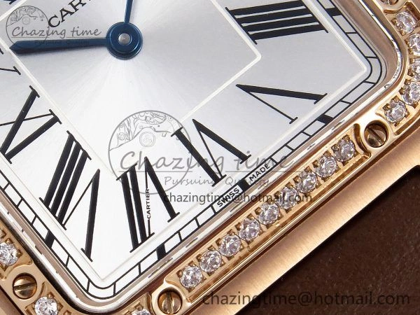 Santos Dumont 31.4mm RG AF 1:1 Best Edition Silver Dial Diamonds Bezel on Brown Leather Strap A Breathable 5923