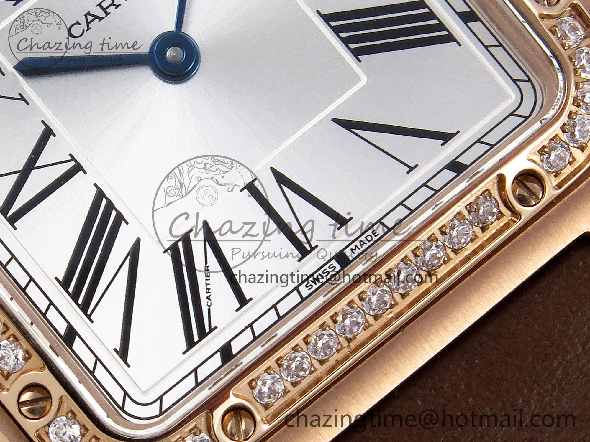 Santos Dumont 31.4mm RG AF 1:1 Best Edition Silver Dial Diamonds Bezel on Brown Leather Strap A Breathable 5923