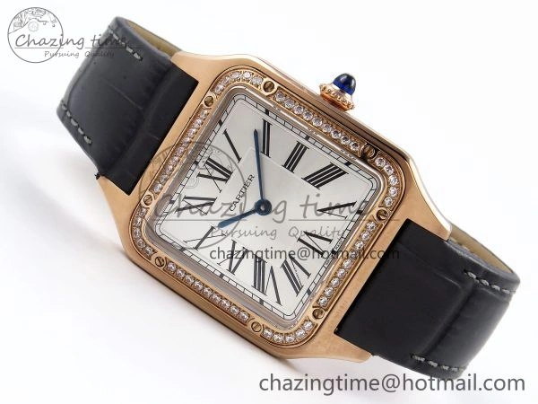 WeatherProof Santos Dumont 31.4mm RG AF 1:1 Best Edition Silver Dial Diamonds Bezel on Gray Croco Strap A 5924