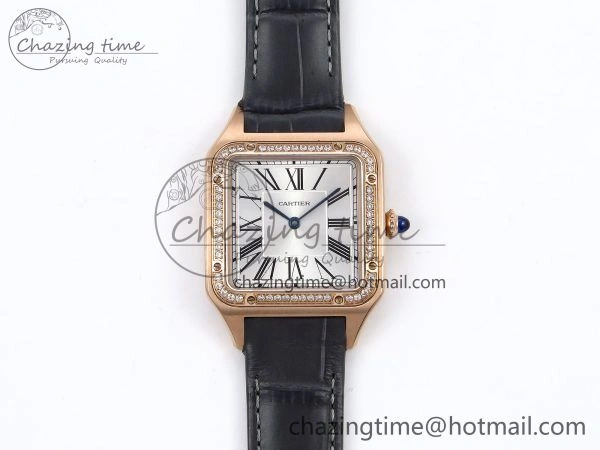WeatherProof Santos Dumont 31.4mm RG AF 1:1 Best Edition Silver Dial Diamonds Bezel on Gray Croco Strap A 5924