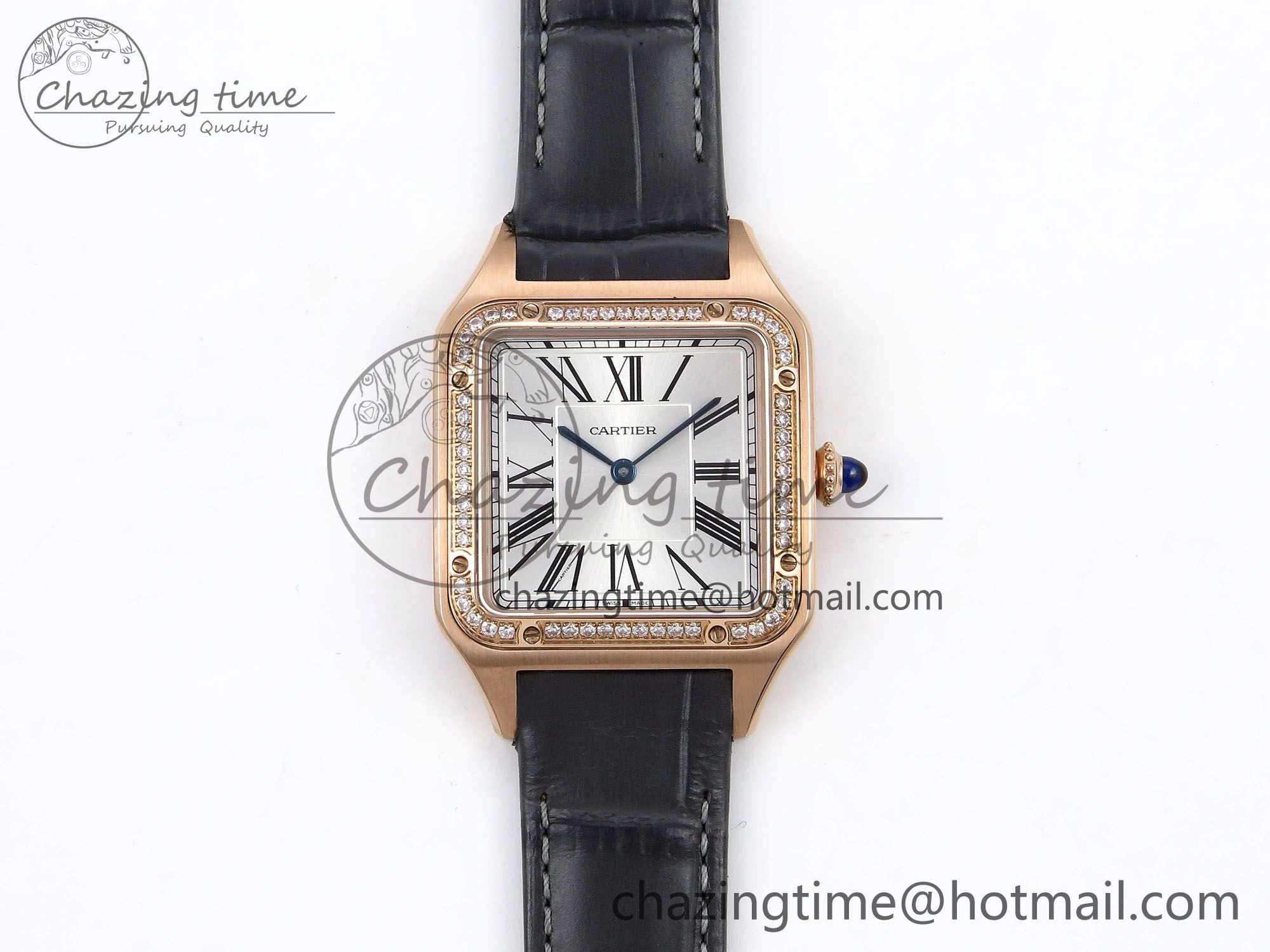 WeatherProof Santos Dumont 31.4mm RG AF 1:1 Best Edition Silver Dial Diamonds Bezel on Gray Croco Strap A 5924