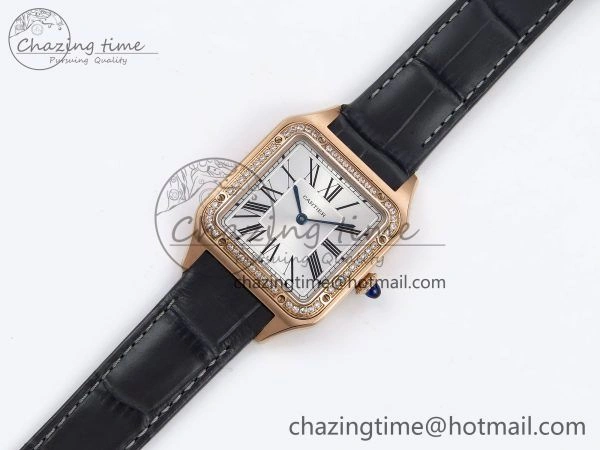 WeatherProof Santos Dumont 31.4mm RG AF 1:1 Best Edition Silver Dial Diamonds Bezel on Gray Croco Strap A 5924
