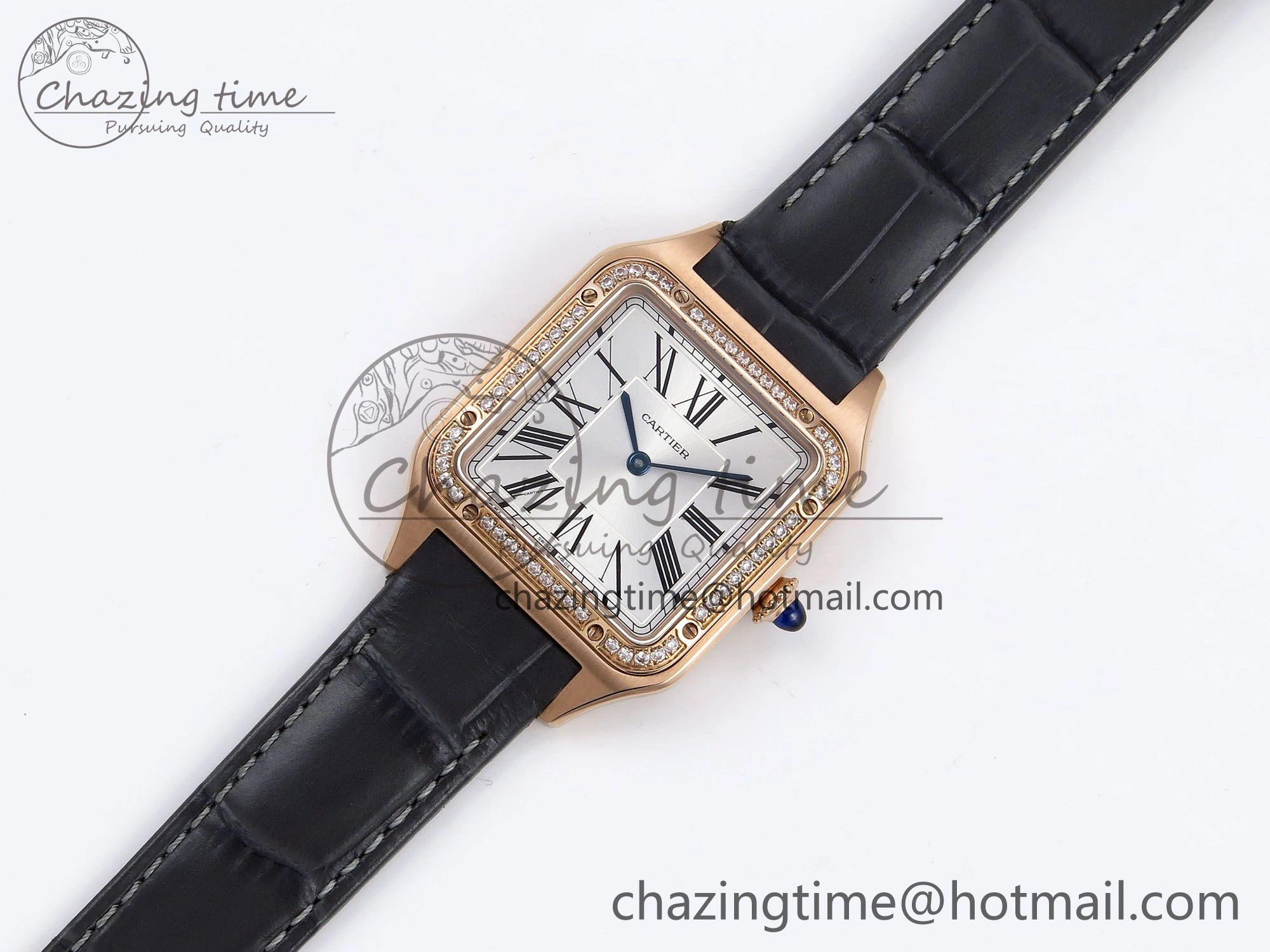 WeatherProof Santos Dumont 31.4mm RG AF 1:1 Best Edition Silver Dial Diamonds Bezel on Gray Croco Strap A 5924