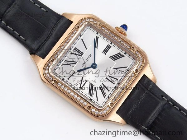 WeatherProof Santos Dumont 31.4mm RG AF 1:1 Best Edition Silver Dial Diamonds Bezel on Gray Croco Strap A 5924