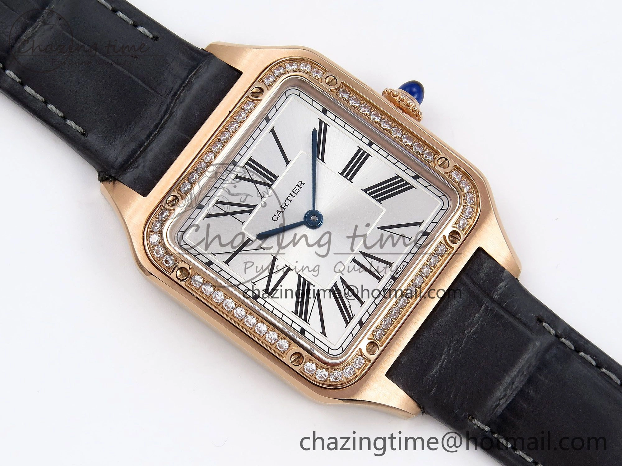 WeatherProof Santos Dumont 31.4mm RG AF 1:1 Best Edition Silver Dial Diamonds Bezel on Gray Croco Strap A 5924
