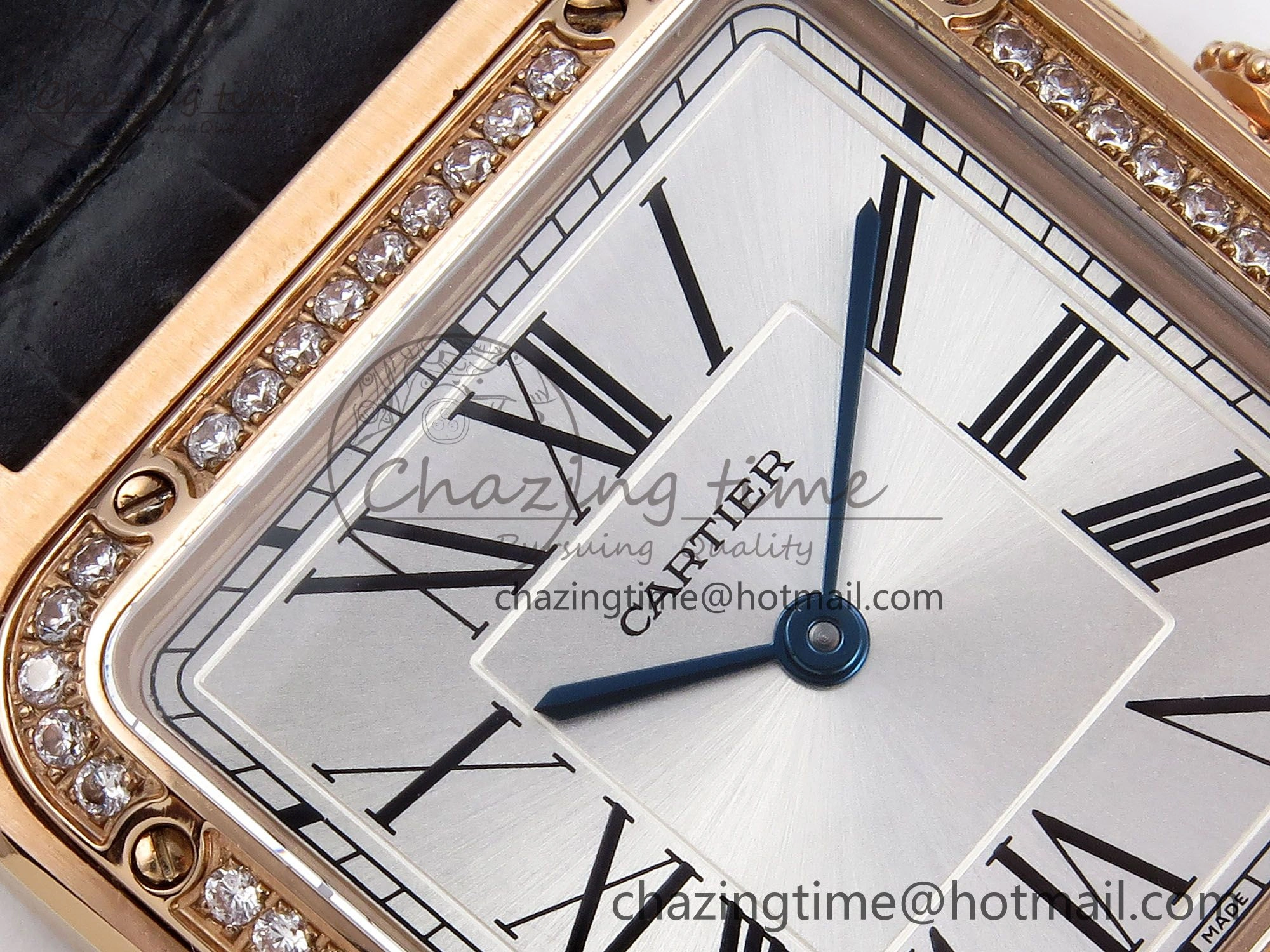 WeatherProof Santos Dumont 31.4mm RG AF 1:1 Best Edition Silver Dial Diamonds Bezel on Gray Croco Strap A 5924