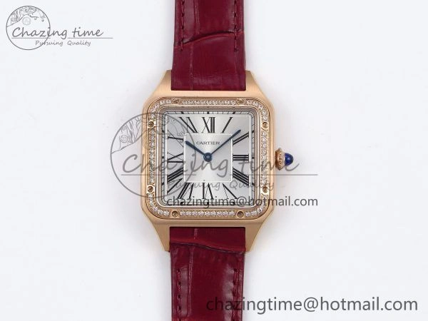 Santos Dumont 31.4mm RG AF 1:1 Best Edition Silver Dial Diamonds Bezel on Red Croco Strap A ModernLook 5918