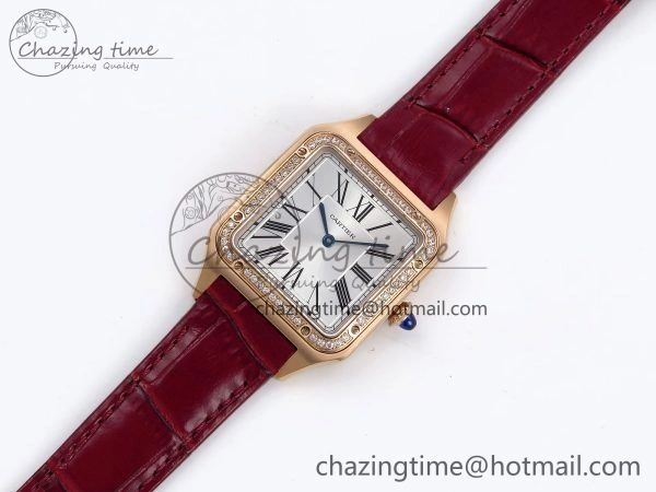 Santos Dumont 31.4mm RG AF 1:1 Best Edition Silver Dial Diamonds Bezel on Red Croco Strap A ModernLook 5918