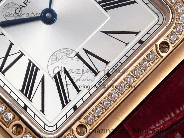 Santos Dumont 31.4mm RG AF 1:1 Best Edition Silver Dial Diamonds Bezel on Red Croco Strap A ModernLook 5918