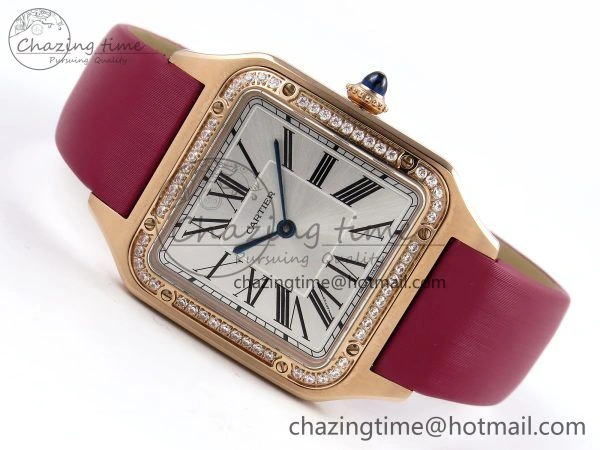 MoistureWicking Santos Dumont 31.4mm RG AF 1:1 Best Edition Silver Dial Diamonds Bezel on Red Fabric Strap A 5928