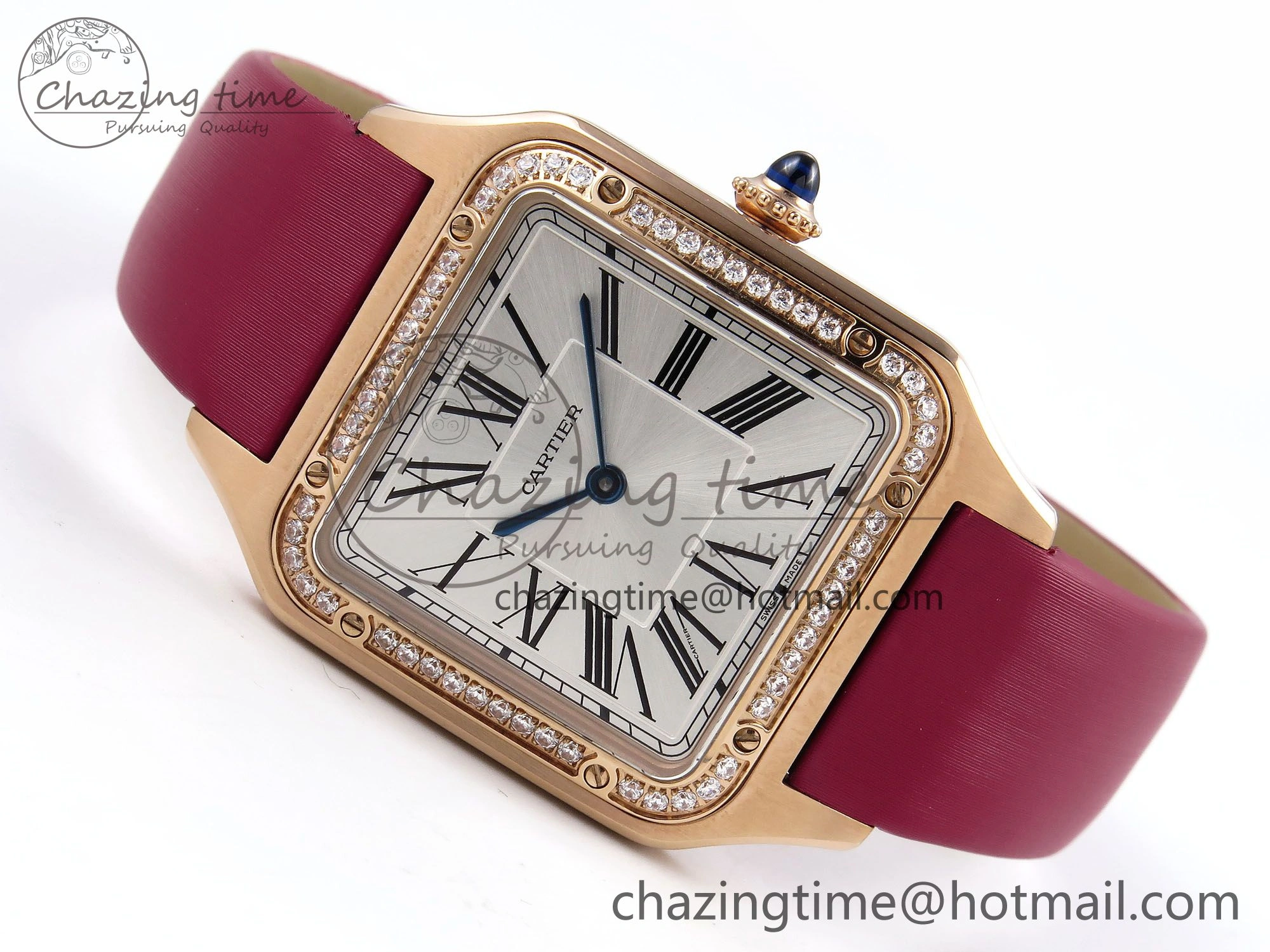 MoistureWicking Santos Dumont 31.4mm RG AF 1:1 Best Edition Silver Dial Diamonds Bezel on Red Fabric Strap A 5928