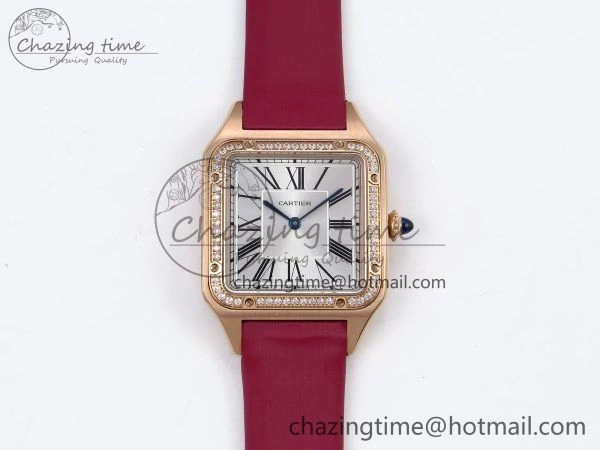 MoistureWicking Santos Dumont 31.4mm RG AF 1:1 Best Edition Silver Dial Diamonds Bezel on Red Fabric Strap A 5928