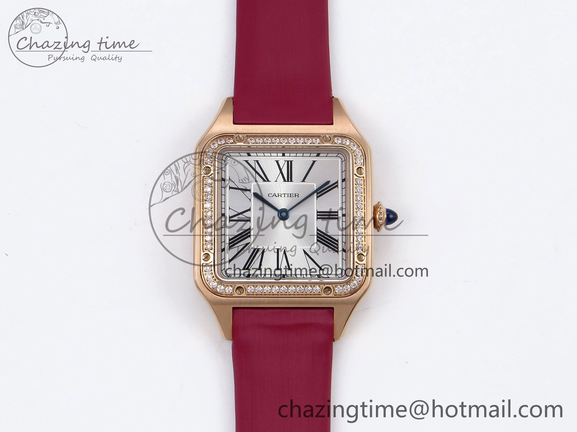 MoistureWicking Santos Dumont 31.4mm RG AF 1:1 Best Edition Silver Dial Diamonds Bezel on Red Fabric Strap A 5928