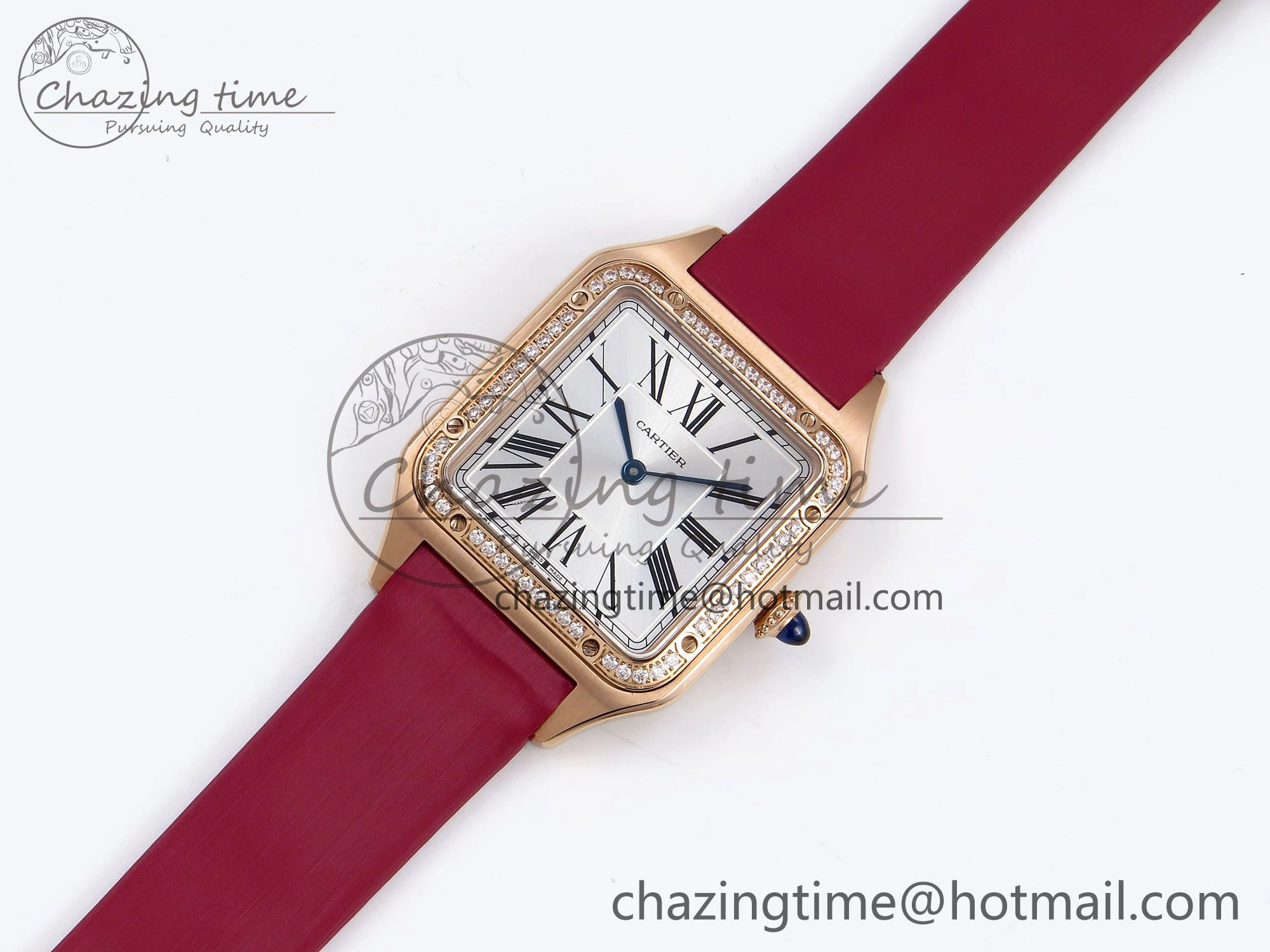 MoistureWicking Santos Dumont 31.4mm RG AF 1:1 Best Edition Silver Dial Diamonds Bezel on Red Fabric Strap A 5928
