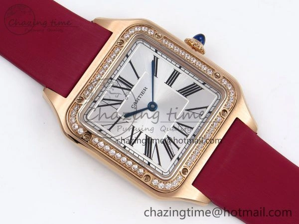 MoistureWicking Santos Dumont 31.4mm RG AF 1:1 Best Edition Silver Dial Diamonds Bezel on Red Fabric Strap A 5928