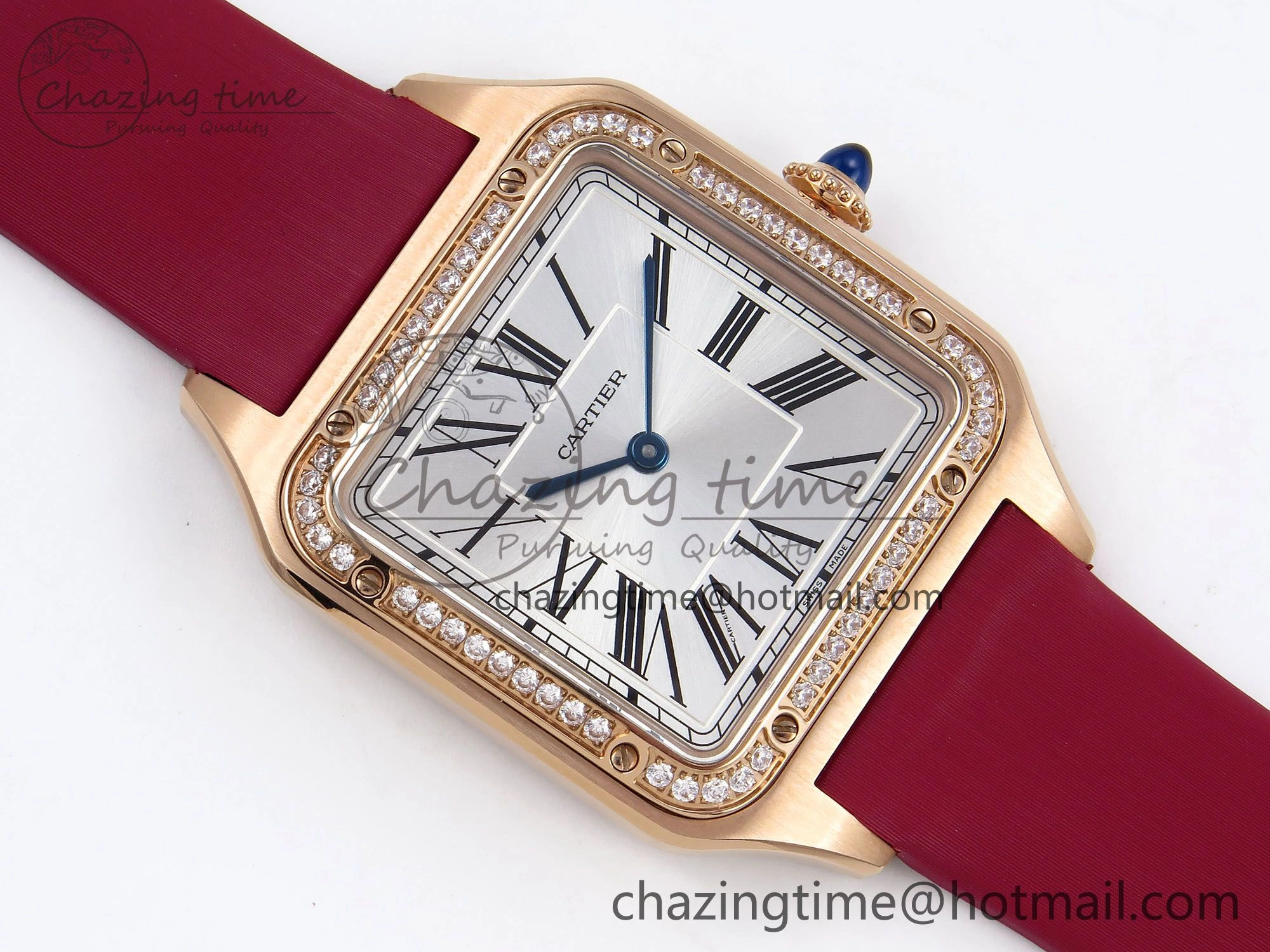 MoistureWicking Santos Dumont 31.4mm RG AF 1:1 Best Edition Silver Dial Diamonds Bezel on Red Fabric Strap A 5928