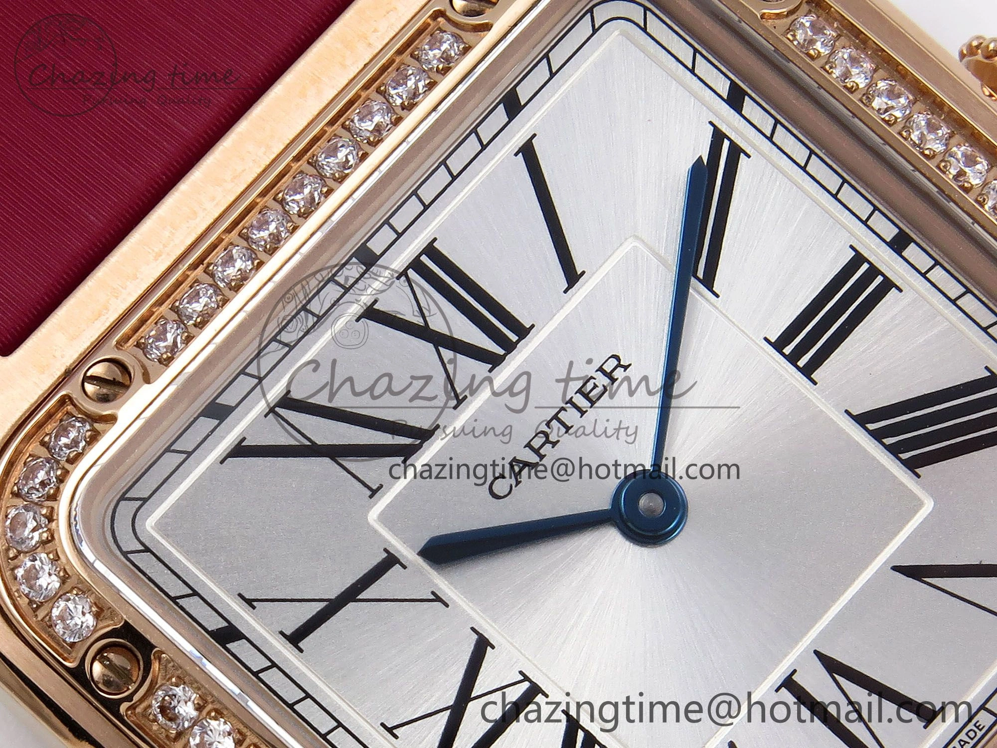 MoistureWicking Santos Dumont 31.4mm RG AF 1:1 Best Edition Silver Dial Diamonds Bezel on Red Fabric Strap A 5928
