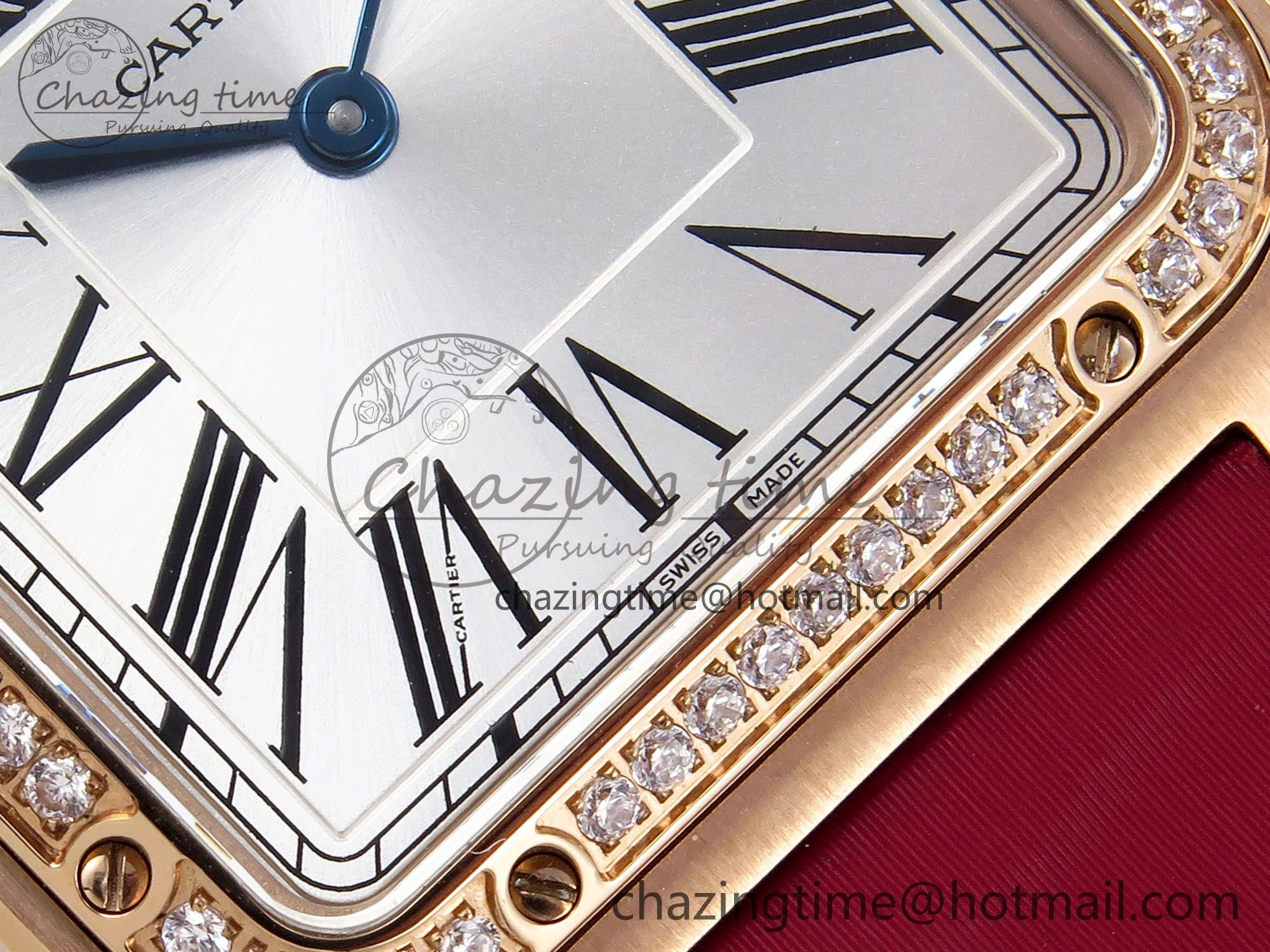 MoistureWicking Santos Dumont 31.4mm RG AF 1:1 Best Edition Silver Dial Diamonds Bezel on Red Fabric Strap A 5928