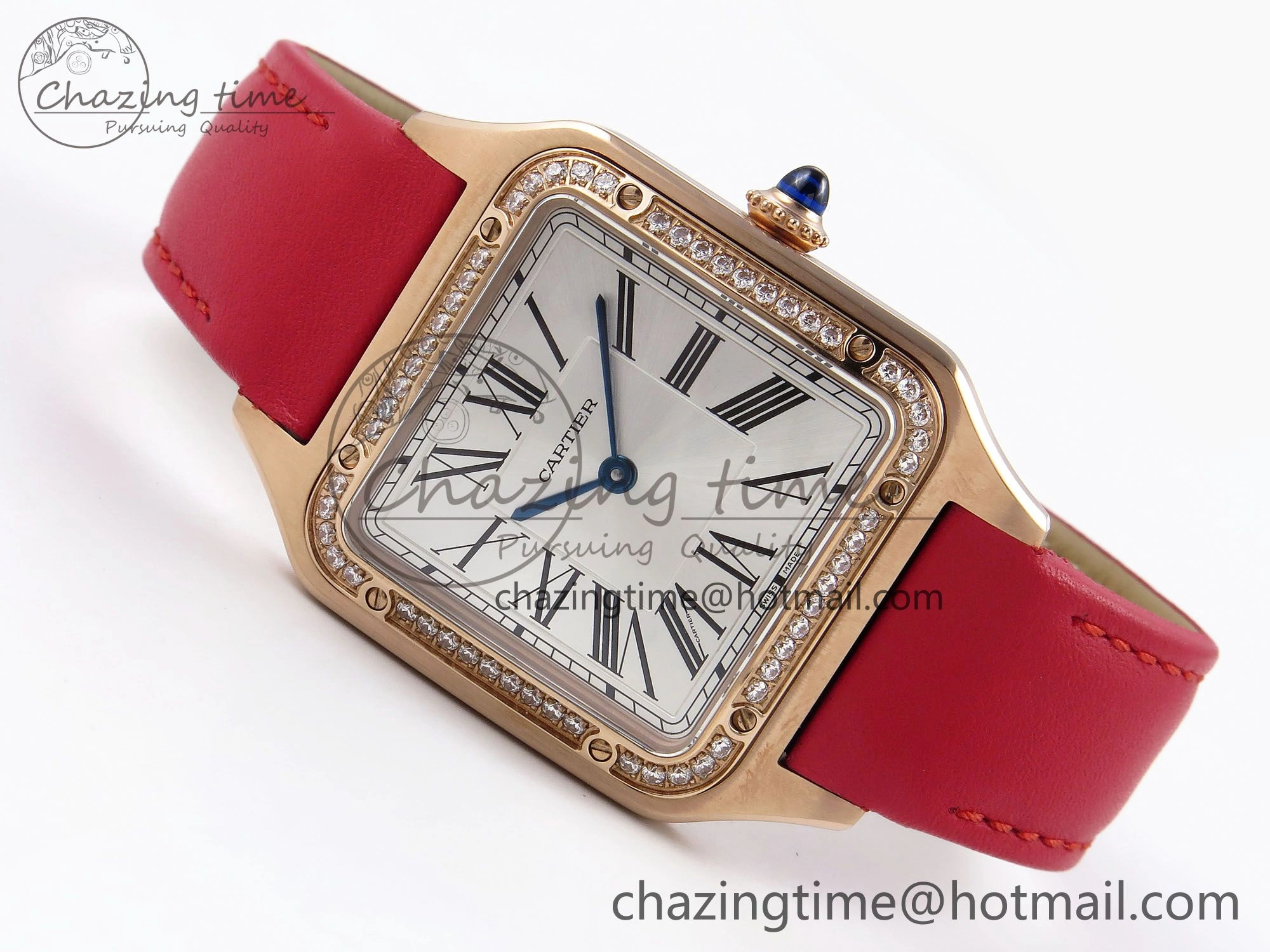 Santos Dumont 31.4mm RG AF 1:1 Best Edition Silver Dial Diamonds Bezel on Red Leather Strap A Versatile 5917