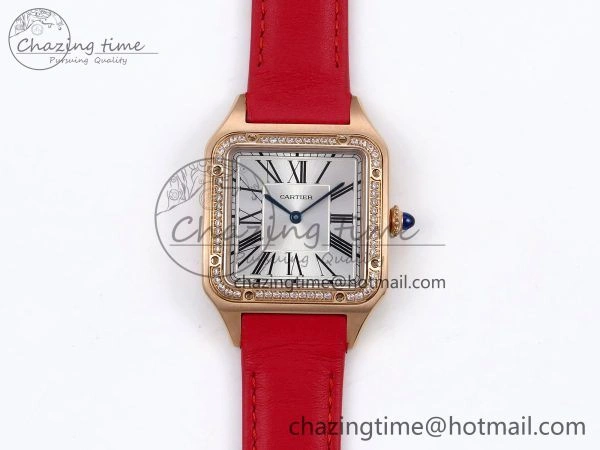 Santos Dumont 31.4mm RG AF 1:1 Best Edition Silver Dial Diamonds Bezel on Red Leather Strap A Versatile 5917