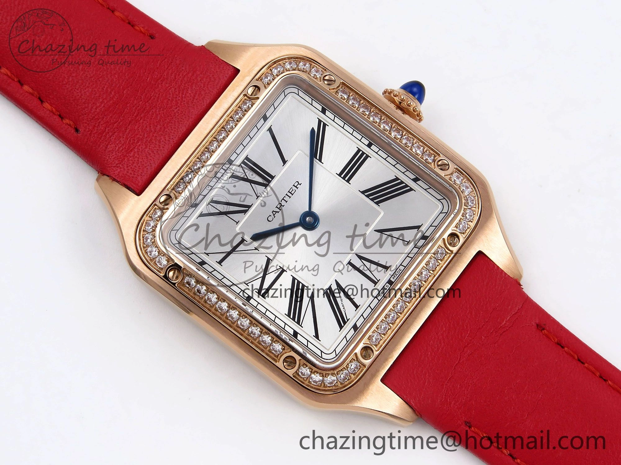 Santos Dumont 31.4mm RG AF 1:1 Best Edition Silver Dial Diamonds Bezel on Red Leather Strap A Versatile 5917