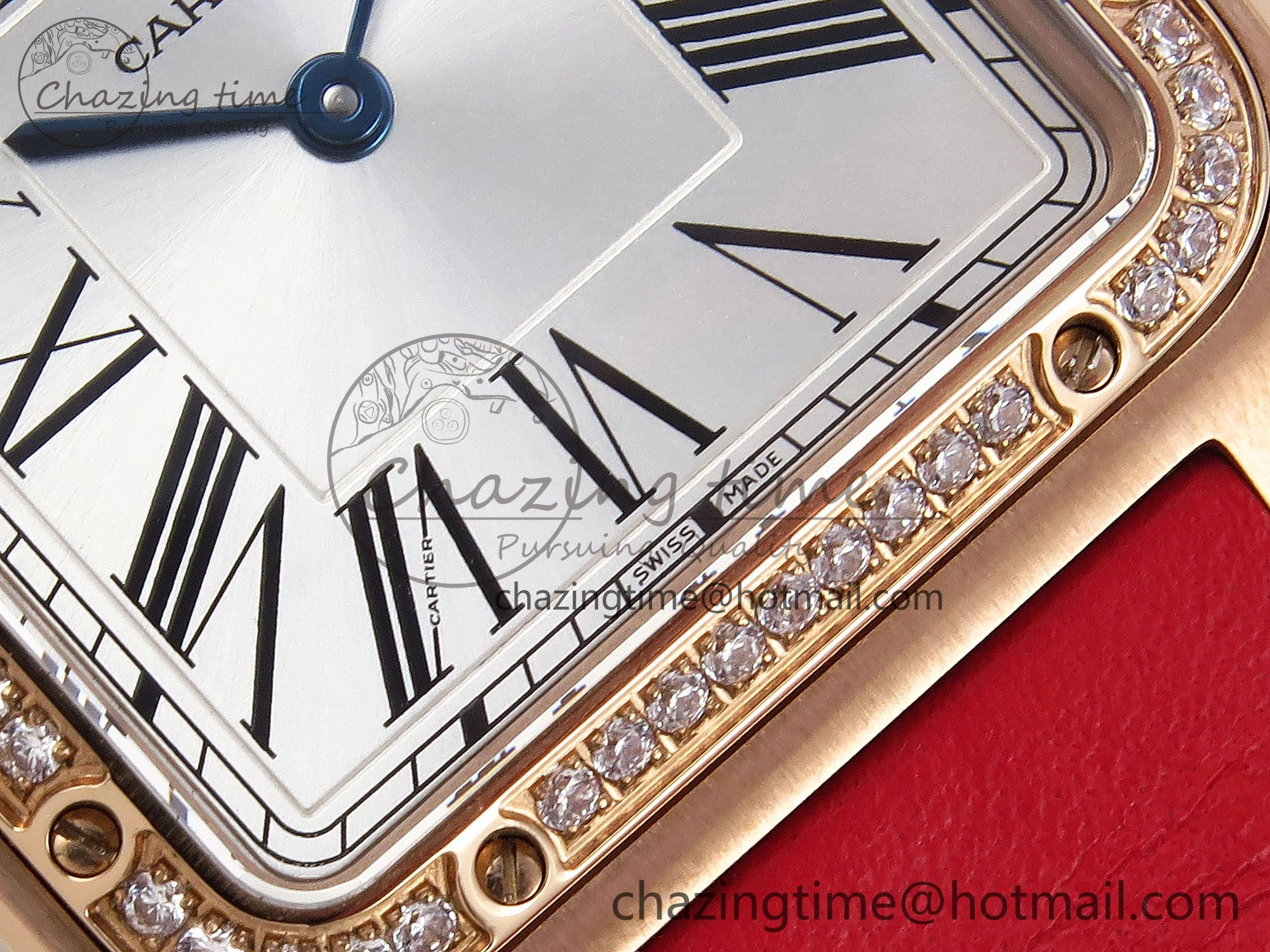 Santos Dumont 31.4mm RG AF 1:1 Best Edition Silver Dial Diamonds Bezel on Red Leather Strap A Versatile 5917