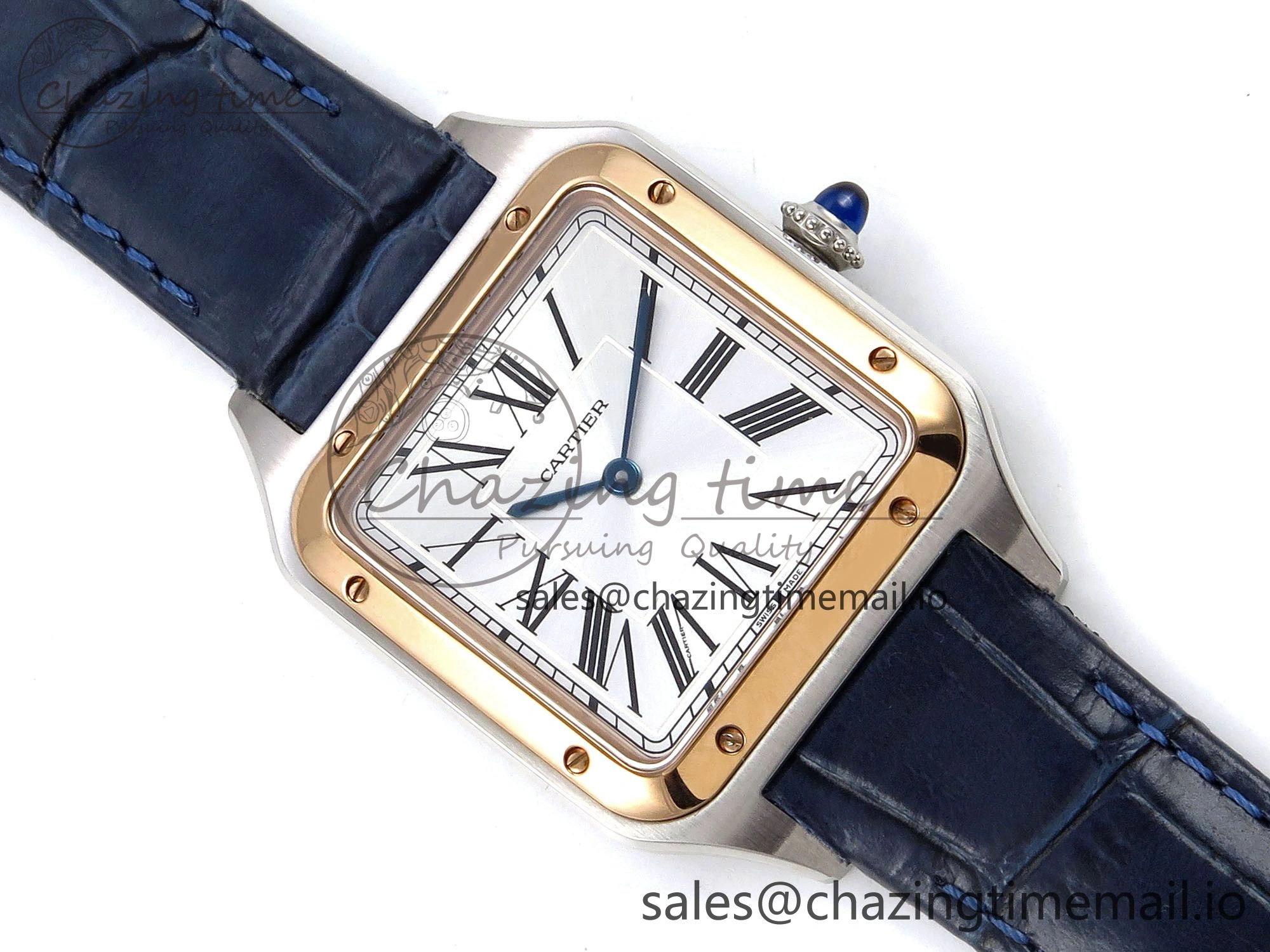 Santos Dumont 31.4mm SS RG AF 1:1 Best Edition Silver Dial on Blue Croco Strap A UrbanChic 5891