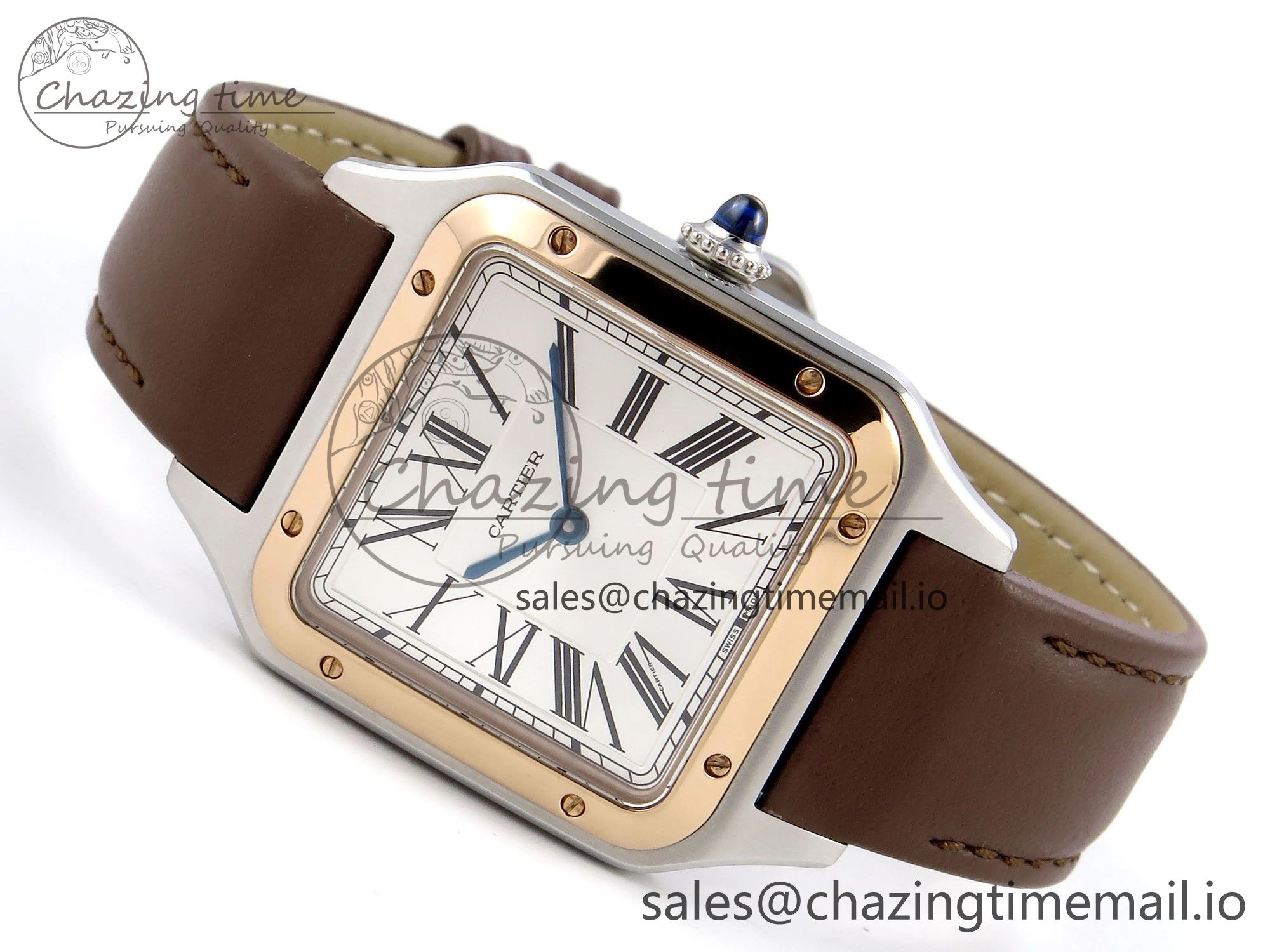 Durable Santos Dumont 31.4mm SS RG AF 1:1 Best Edition Silver Dial on Brown Leather Strap A 5897