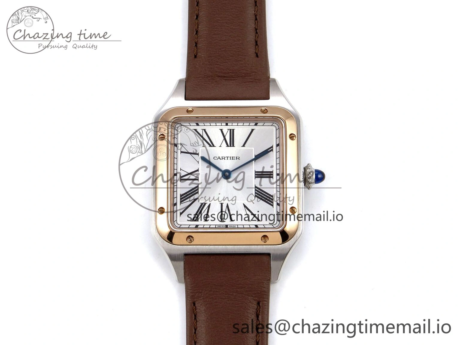 Durable Santos Dumont 31.4mm SS RG AF 1:1 Best Edition Silver Dial on Brown Leather Strap A 5897