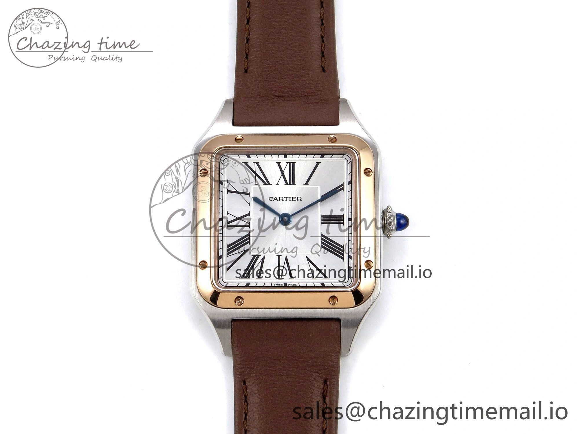 Durable Santos Dumont 31.4mm SS RG AF 1:1 Best Edition Silver Dial on Brown Leather Strap A 5897