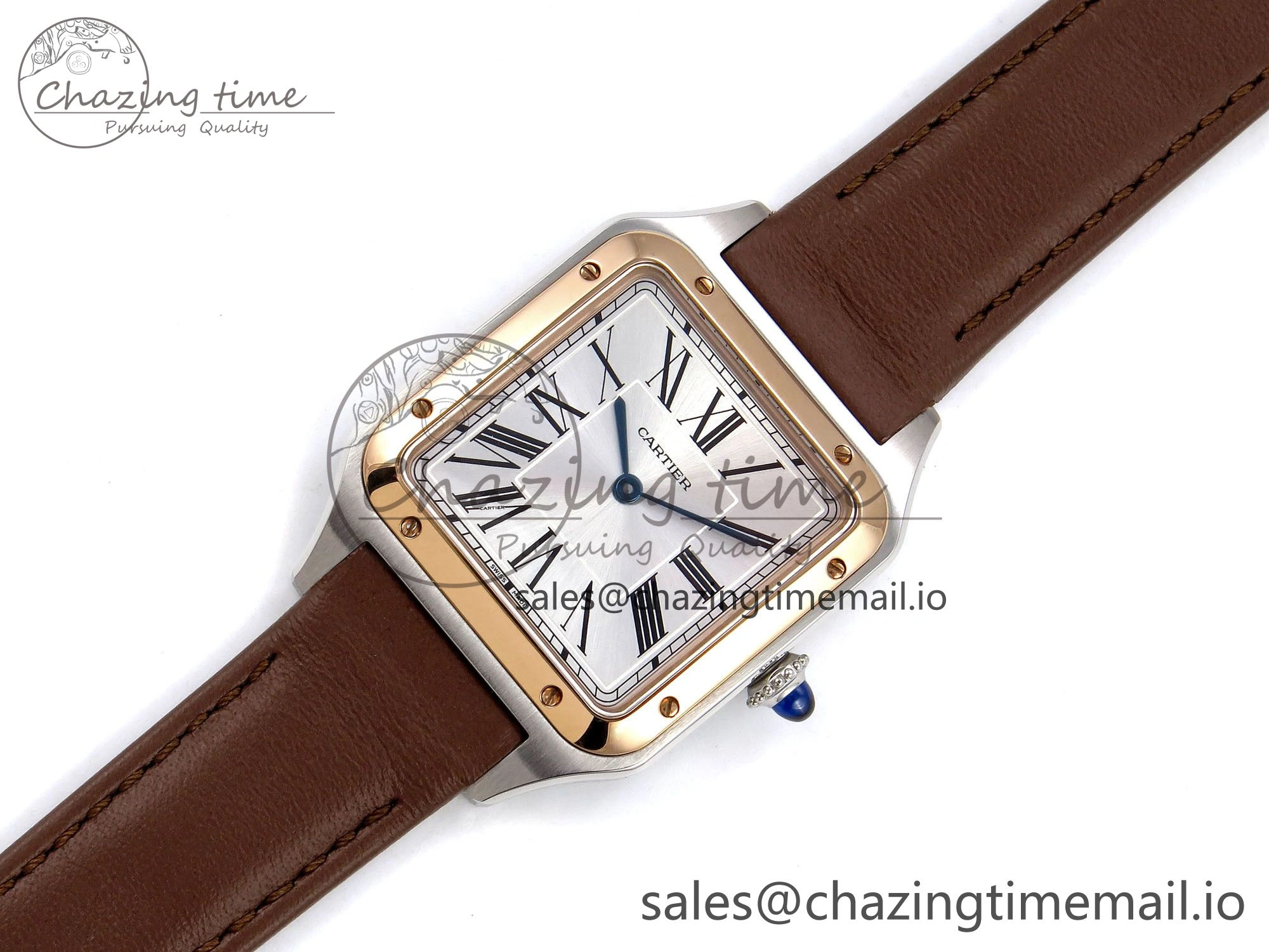 Durable Santos Dumont 31.4mm SS RG AF 1:1 Best Edition Silver Dial on Brown Leather Strap A 5897