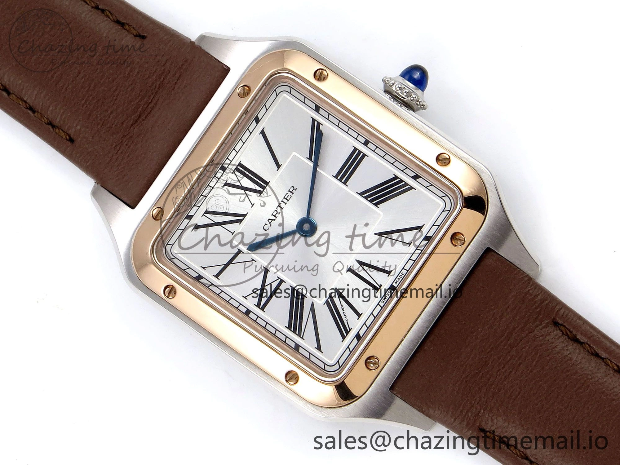 Durable Santos Dumont 31.4mm SS RG AF 1:1 Best Edition Silver Dial on Brown Leather Strap A 5897