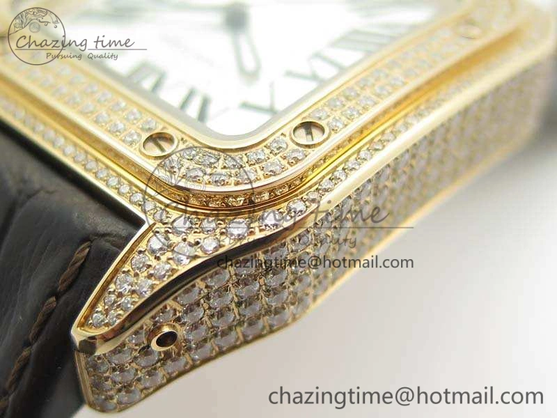 Comfortable Santos Ladies 33mm RG Full Paved Diam Case V6F 1:1 Best Edition White Dial On Leather Strap SEIKO NH05A 6261