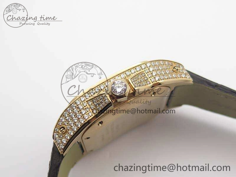 Comfortable Santos Ladies 33mm RG Full Paved Diam Case V6F 1:1 Best Edition White Dial On Leather Strap SEIKO NH05A 6261