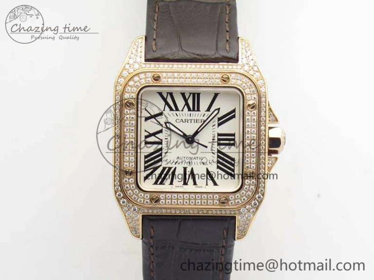 Comfortable Santos Ladies 33mm RG Full Paved Diam Case V6F 1:1 Best Edition White Dial On Leather Strap SEIKO NH05A 6261