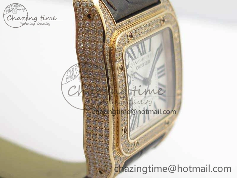 Comfortable Santos Ladies 33mm RG Full Paved Diam Case V6F 1:1 Best Edition White Dial On Leather Strap SEIKO NH05A 6261