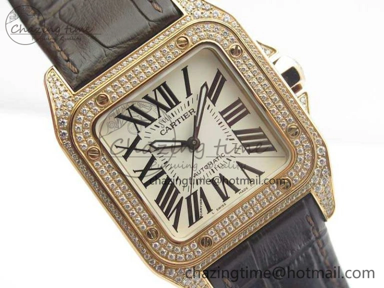 Comfortable Santos Ladies 33mm RG Full Paved Diam Case V6F 1:1 Best Edition White Dial On Leather Strap SEIKO NH05A 6261