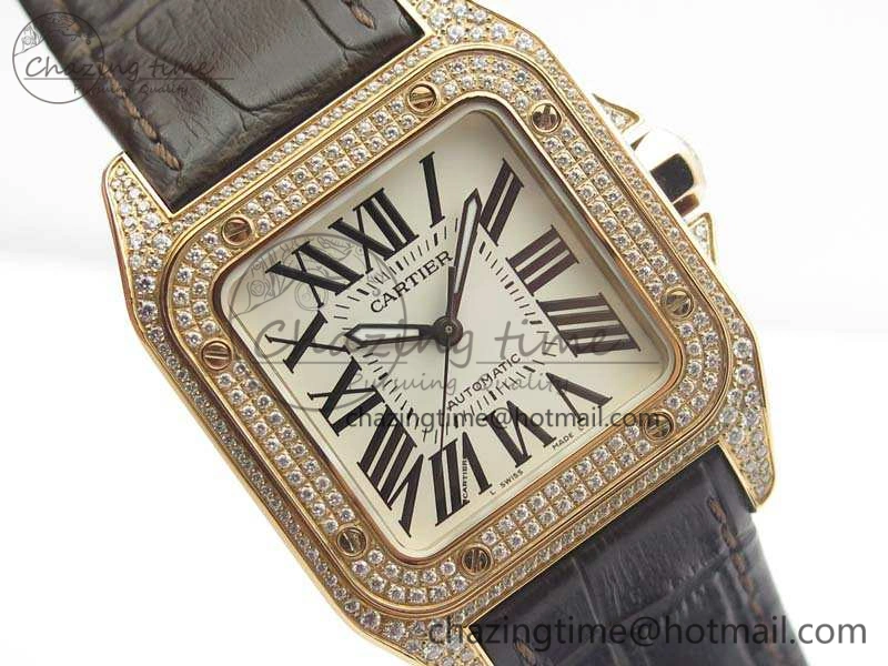 Comfortable Santos Ladies 33mm RG Full Paved Diam Case V6F 1:1 Best Edition White Dial On Leather Strap SEIKO NH05A 6261