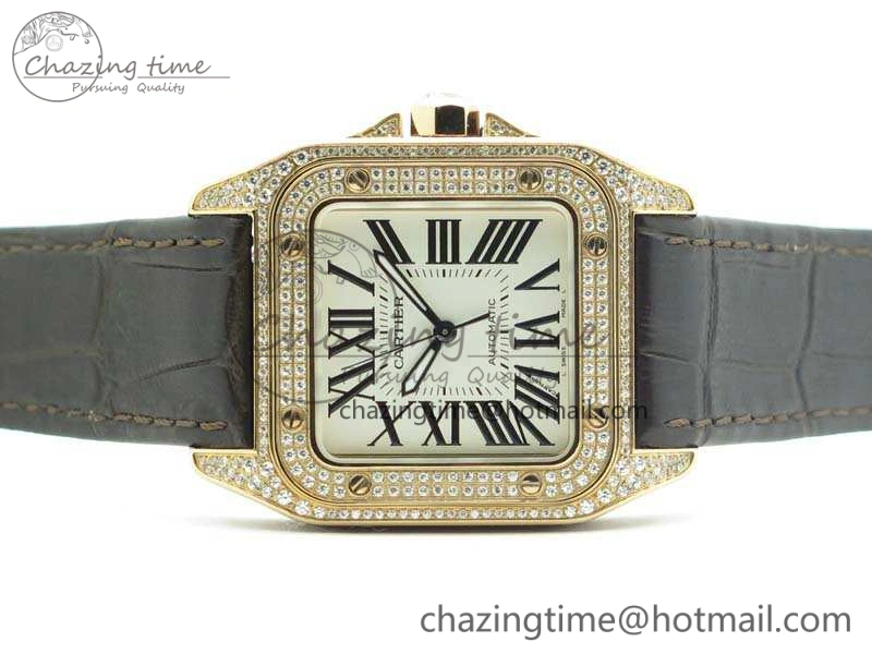 Comfortable Santos Ladies 33mm RG Full Paved Diam Case V6F 1:1 Best Edition White Dial On Leather Strap SEIKO NH05A 6261