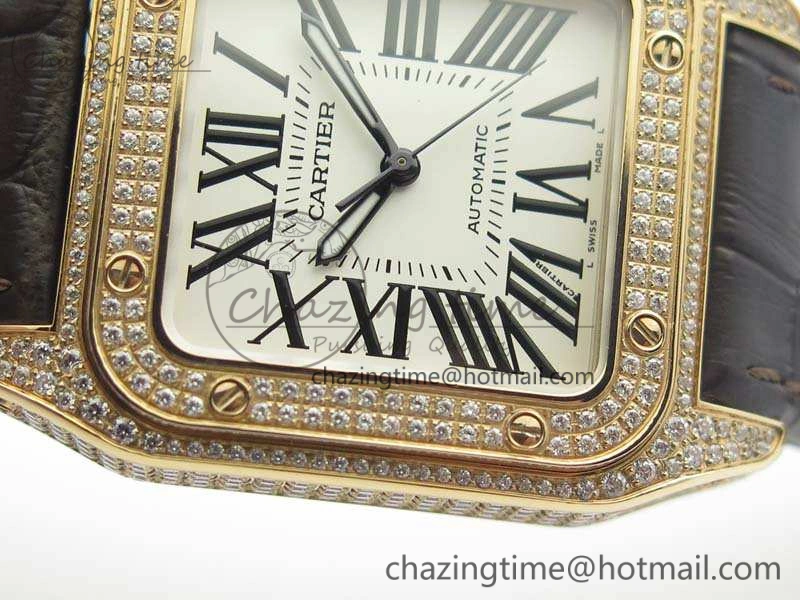 Comfortable Santos Ladies 33mm RG Full Paved Diam Case V6F 1:1 Best Edition White Dial On Leather Strap SEIKO NH05A 6261