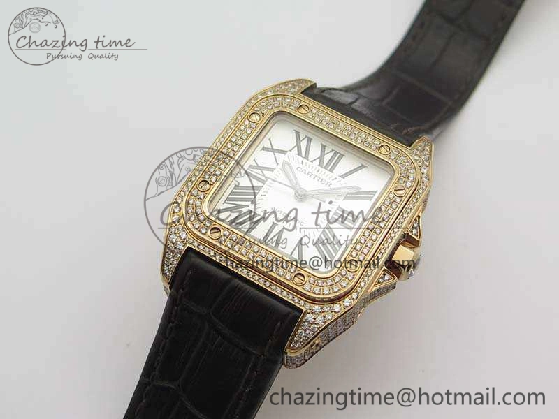 Comfortable Santos Ladies 33mm RG Full Paved Diam Case V6F 1:1 Best Edition White Dial On Leather Strap SEIKO NH05A 6261