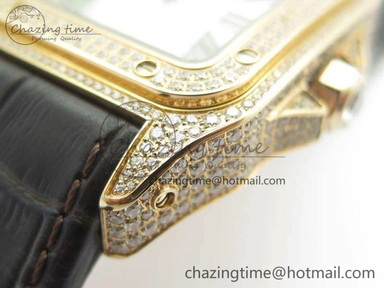 Comfortable Santos Ladies 33mm RG Full Paved Diam Case V6F 1:1 Best Edition White Dial On Leather Strap SEIKO NH05A 6261