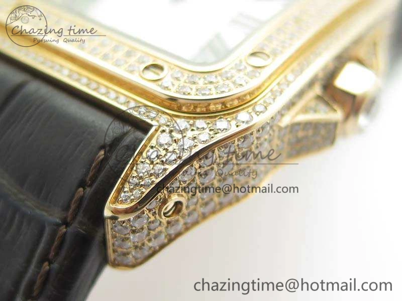 Comfortable Santos Ladies 33mm RG Full Paved Diam Case V6F 1:1 Best Edition White Dial On Leather Strap SEIKO NH05A 6261