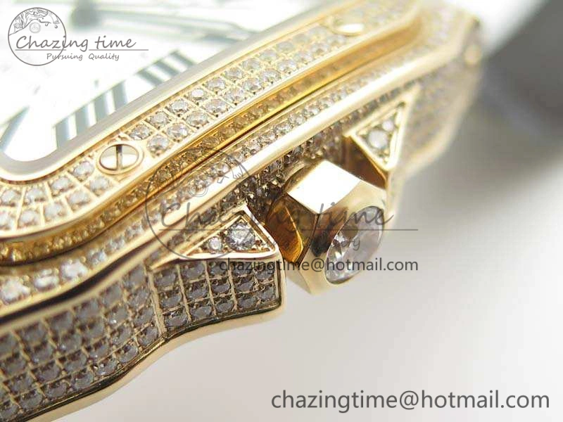 Santos Ladies 38.5mm RG Full Paved Diamonds Case V6F 1:1 Best Edition White Dial On Leather Strap A FastDry 6262