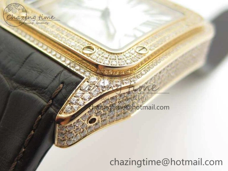 Santos Ladies 38.5mm RG Full Paved Diamonds Case V6F 1:1 Best Edition White Dial On Leather Strap A FastDry 6262
